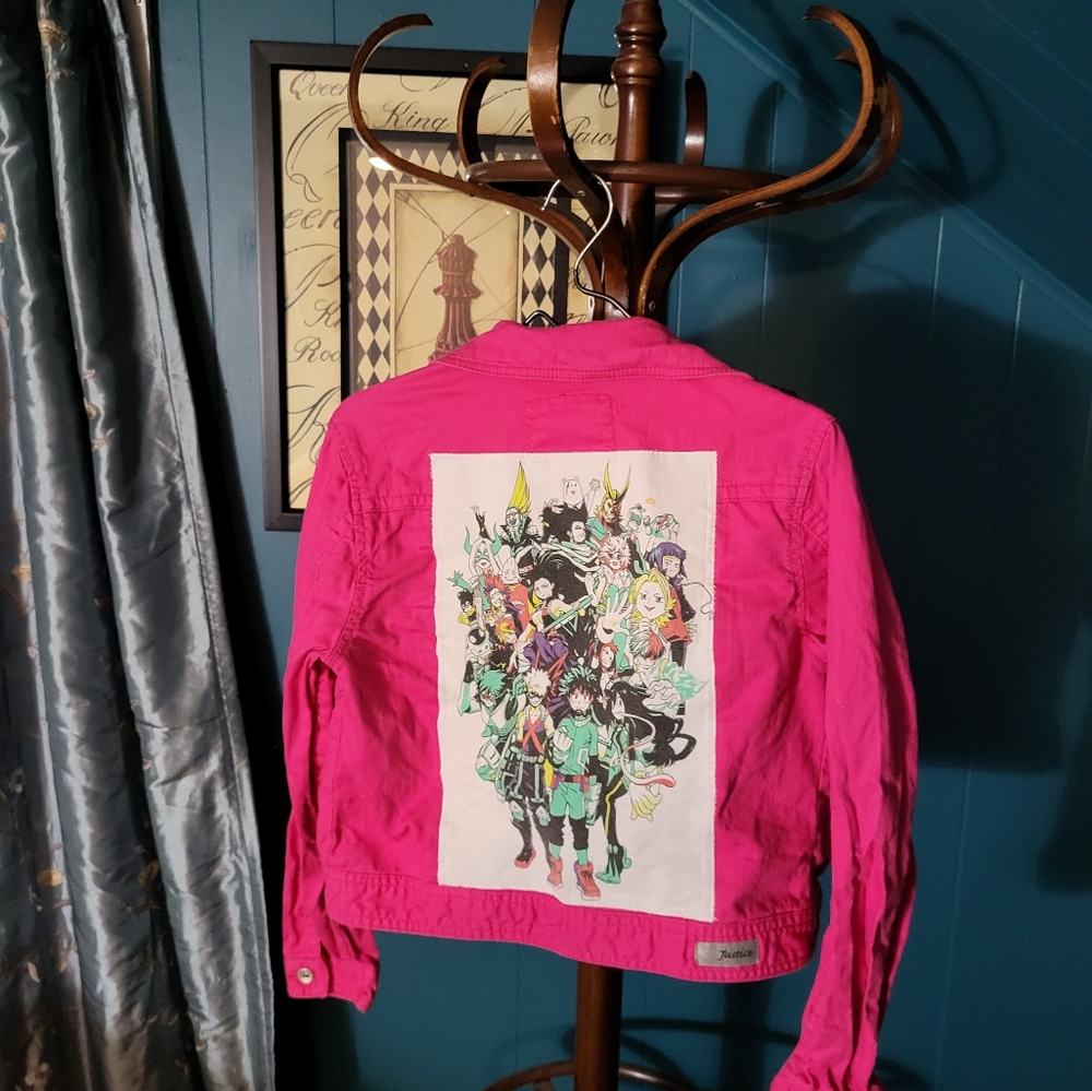 Justice size 18 pink denim jacket with My Hero Acedamia Applique